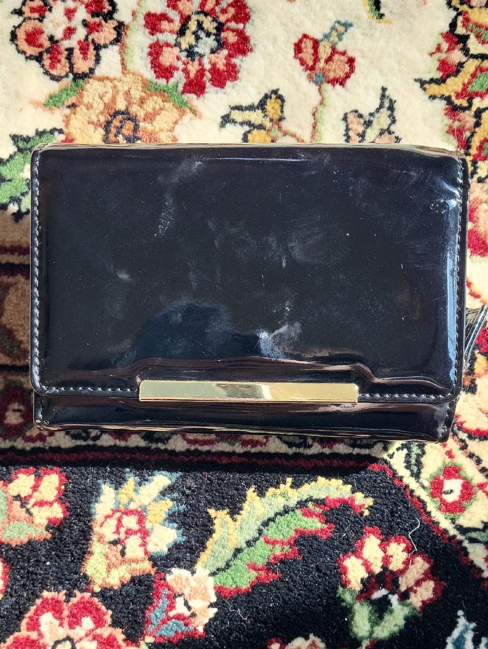 Patent Black Compact Clutch with Gold Accent